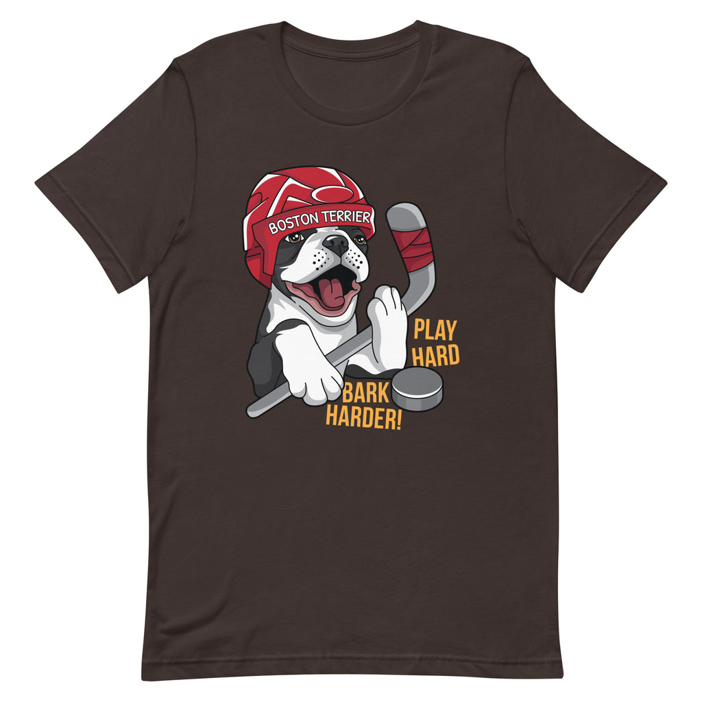 Hockey Boston Terrier T-Shirt - Play Hard Bark Harder