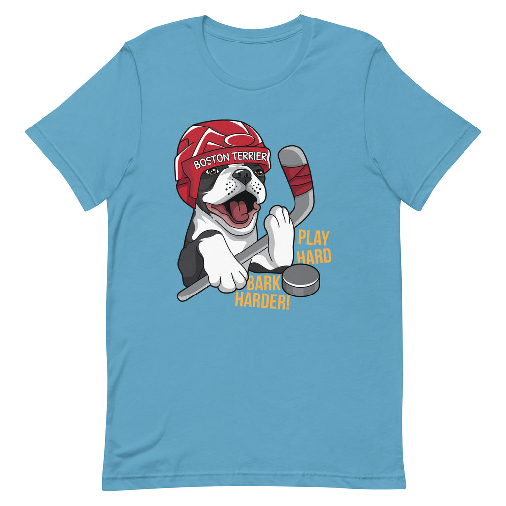 Hockey Boston Terrier T-Shirt - Play Hard Bark Harder