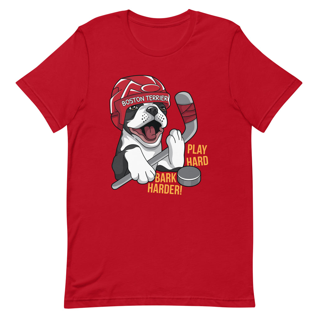 Hockey Boston Terrier T-Shirt - Play Hard Bark Harder