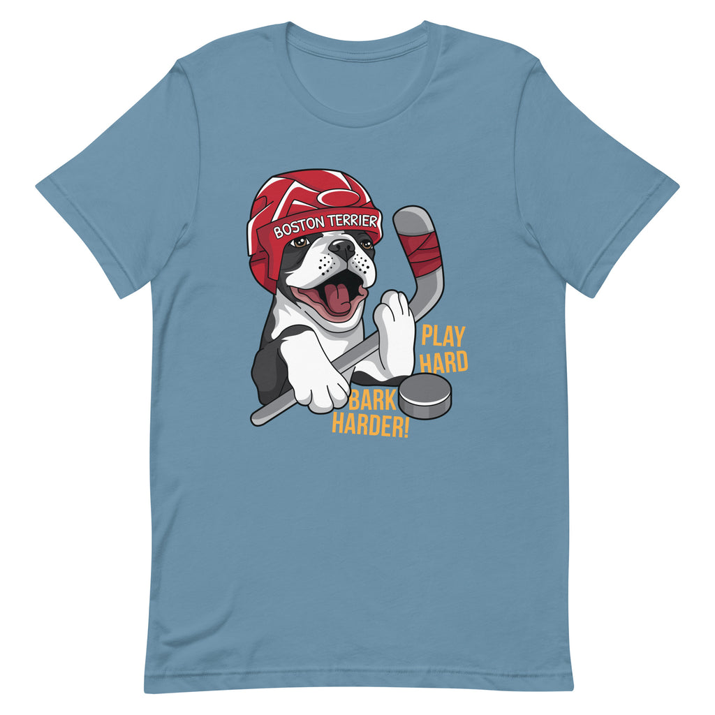 Hockey Boston Terrier T-Shirt - Play Hard Bark Harder