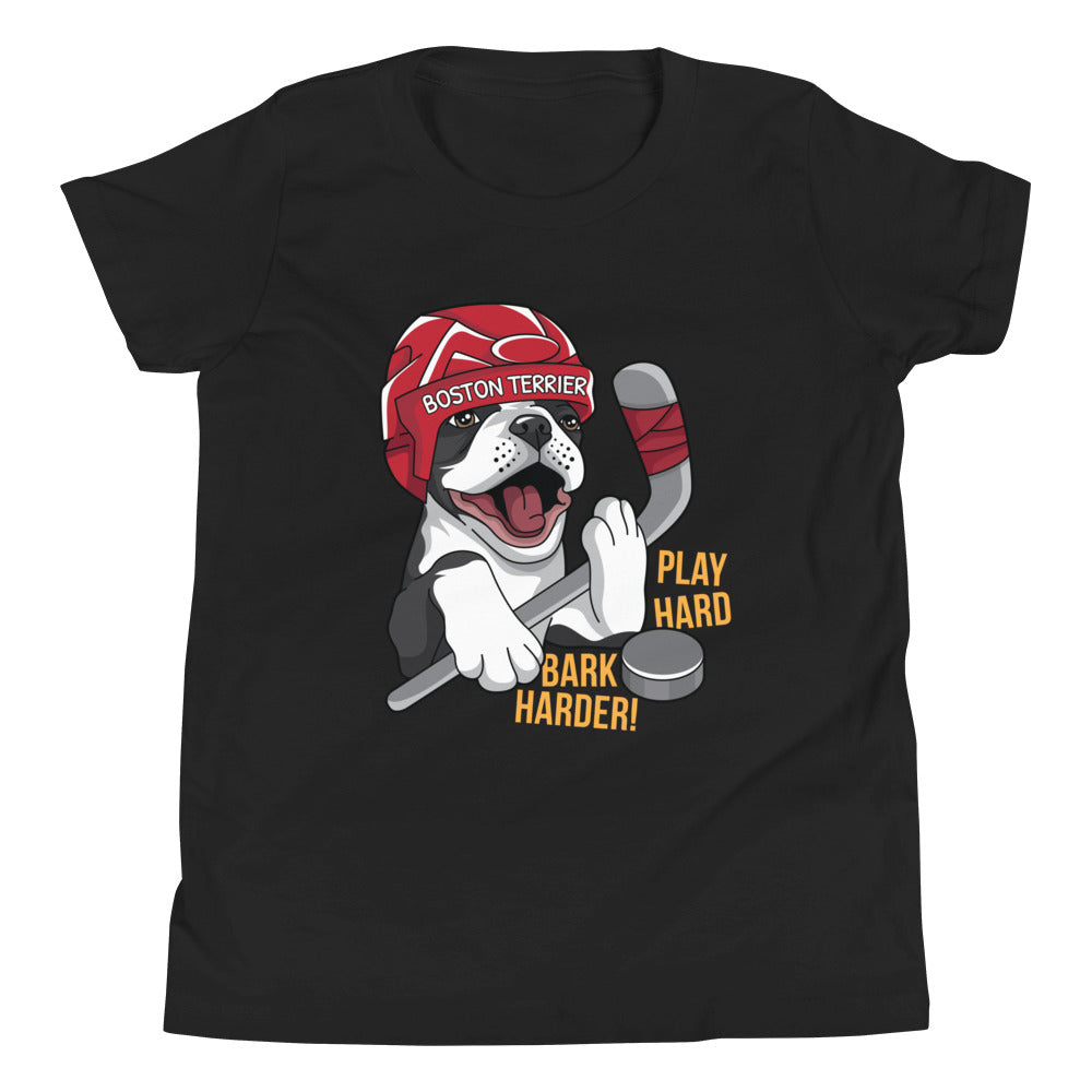 Hockey Boston Terrier Youth T-Shirt - Play Hard Bark Harder