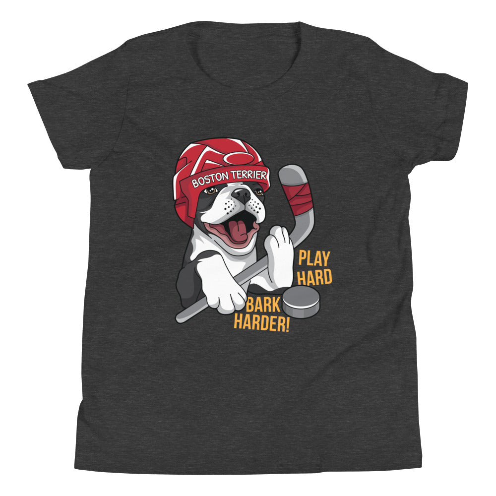 Hockey Boston Terrier Youth T-Shirt - Play Hard Bark Harder