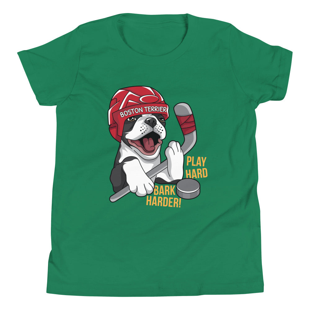 Hockey Boston Terrier Youth T-Shirt - Play Hard Bark Harder