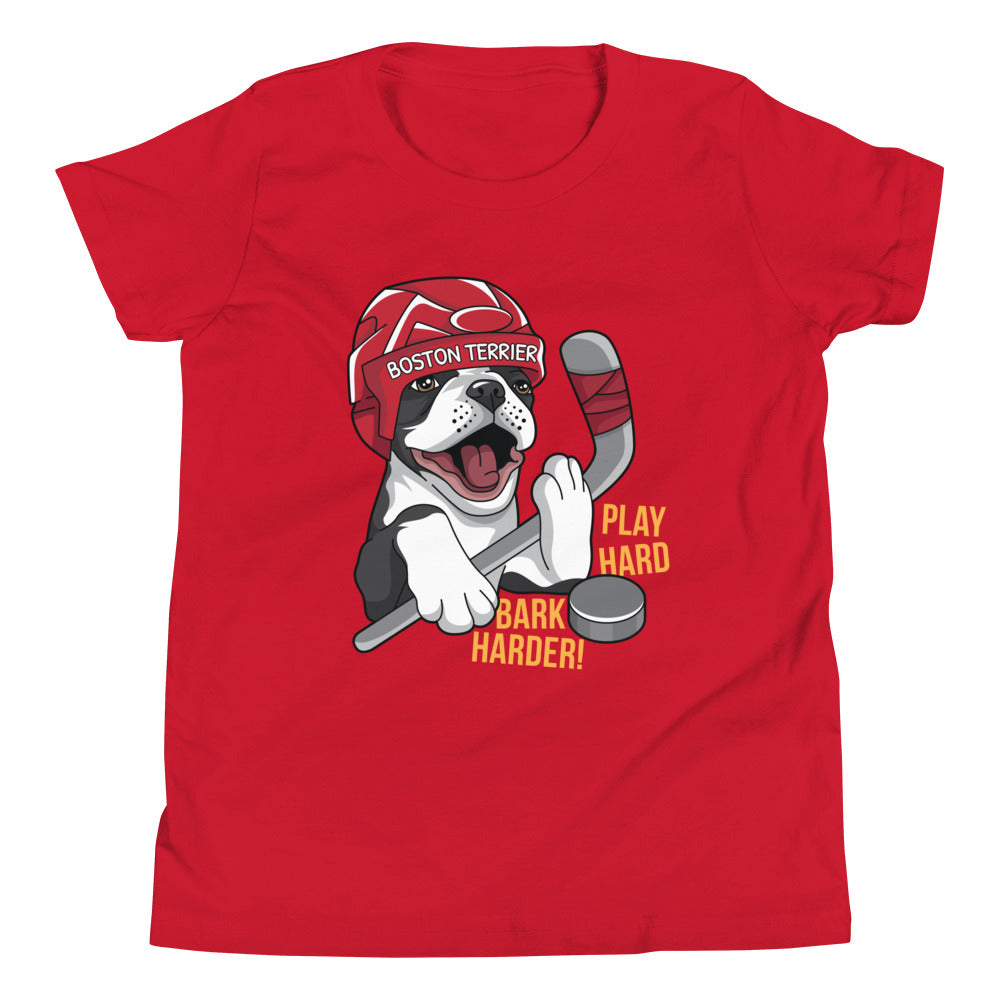 Hockey Boston Terrier Youth T-Shirt - Play Hard Bark Harder