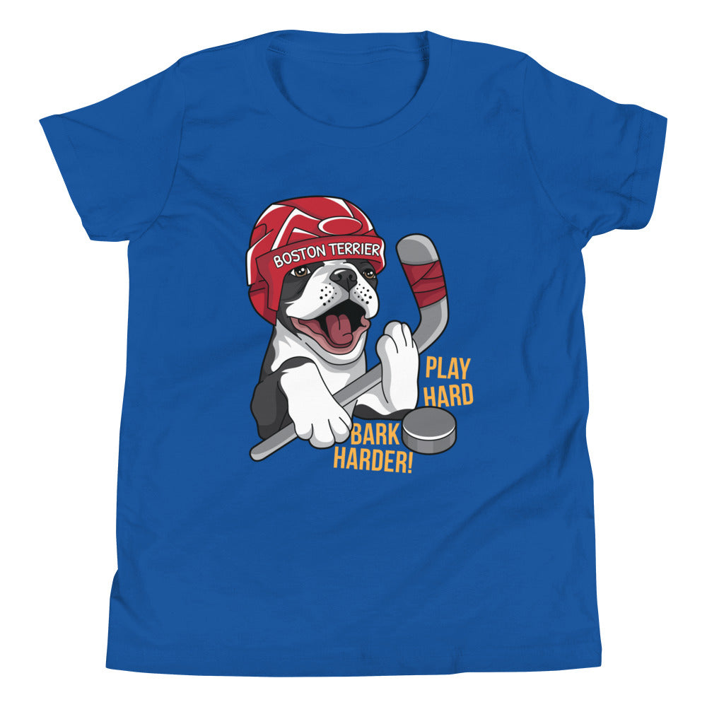 Hockey Boston Terrier Youth T-Shirt - Play Hard Bark Harder