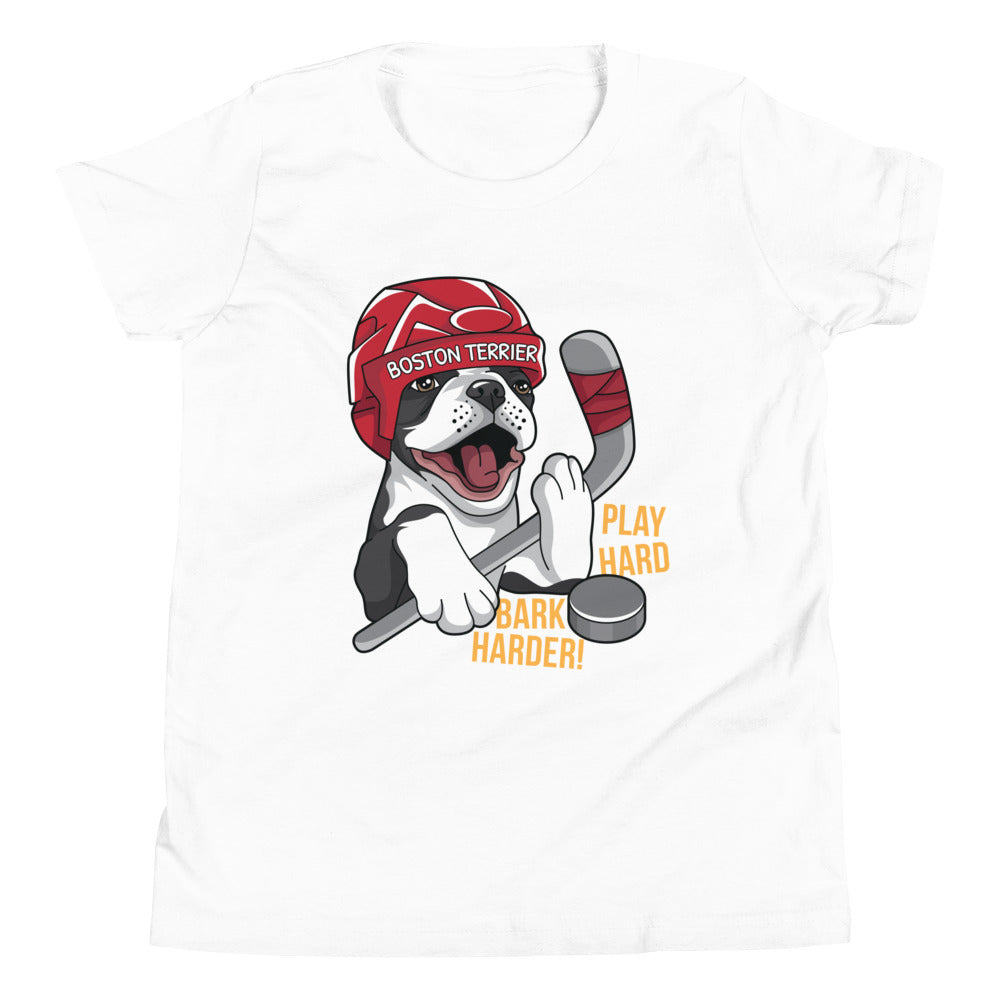 Hockey Boston Terrier Youth T-Shirt - Play Hard Bark Harder